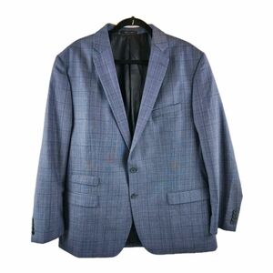 Calvin Klein Men's 2 Button Blue Plaid Wool Sport Coat Suit Jacket Size 48L